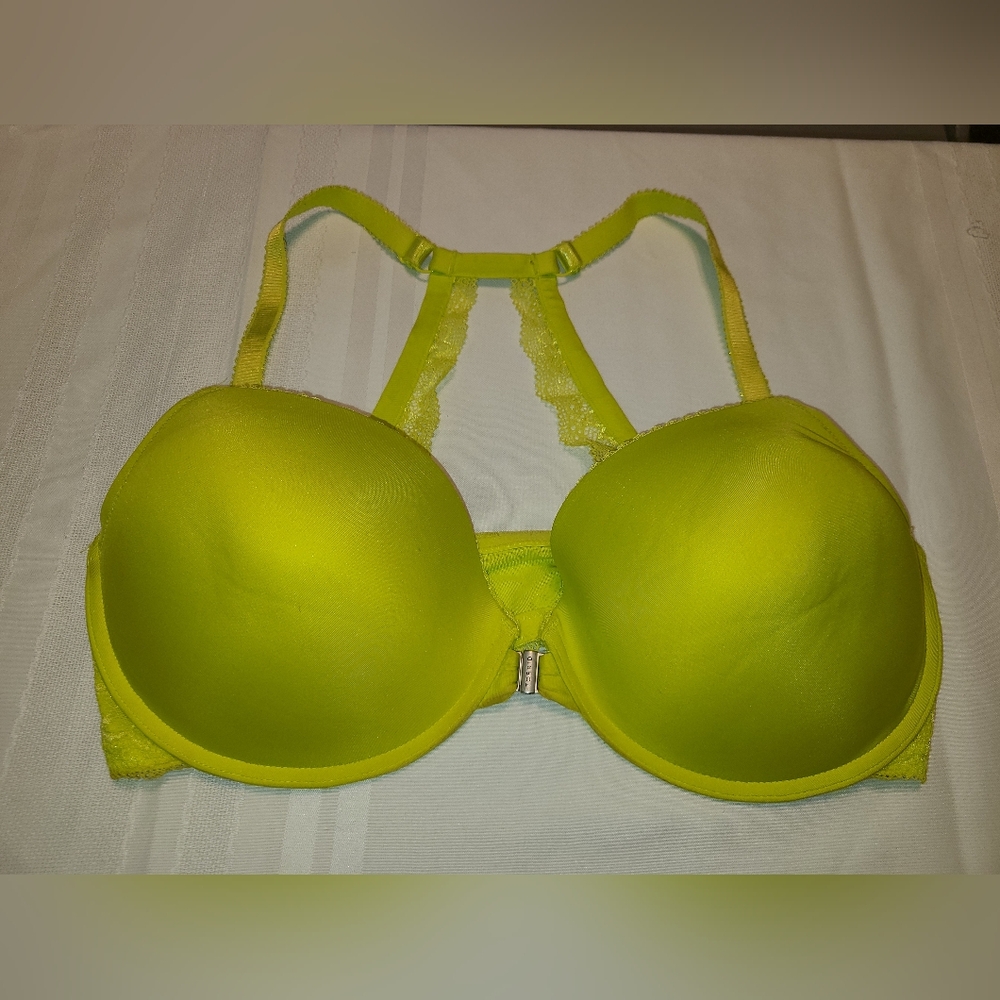 Neon Yellow Lace Racerback Front Closure Push-up Bra EUC